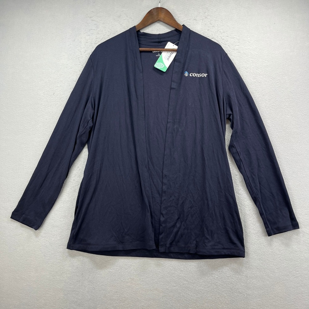 Lands End Cardigan Womens L 14-16 Navy Tencel‎ Open Front Company Logo Workwear